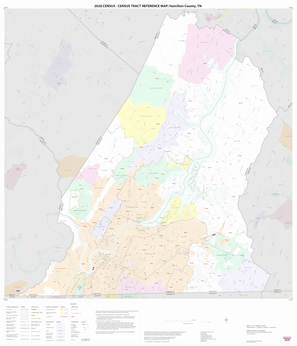 Census Tract reference map of Hamilton County, Tennessee